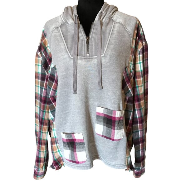 Patchwork Hoodie, Plus Size XL-2X: Upcycled Gray Magenta Plaid Boho Jacket - Picture 8 of 15